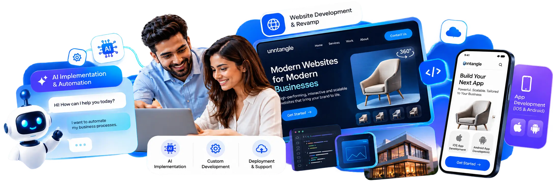 Unntangle services: AI chatbots and automation, modern websites and 3D experiences, and ongoing support